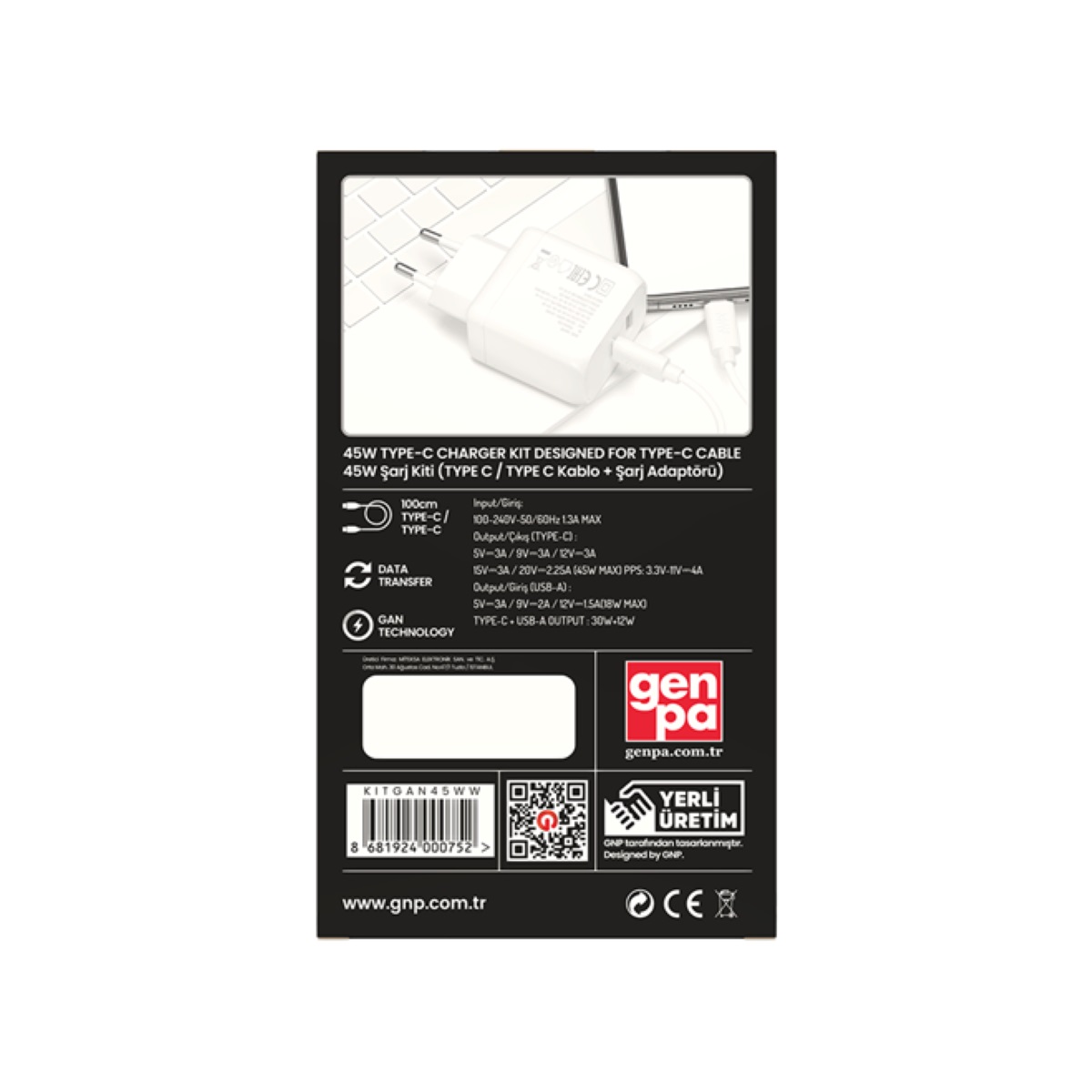 GNP 45W Çift Çıkışlı Şarj Adaptörü Type-C, Usb ve Type-C Kablo Beyaz
