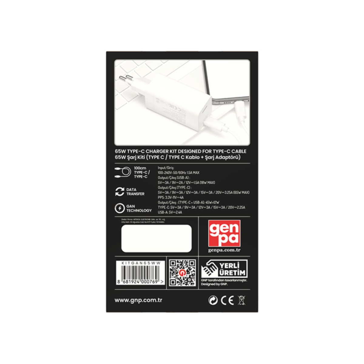 GNP 65W Çift Çıkışlı Type-C, USB Şarj Adaptörü ve Type-C Kablo Beyaz