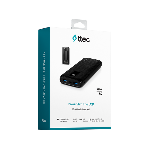 ttec PowerSlim Trio LCD 10.000mAh PD 22,5W Dahili Kablolu Taşınabilir Şarj Aleti / Powerbank